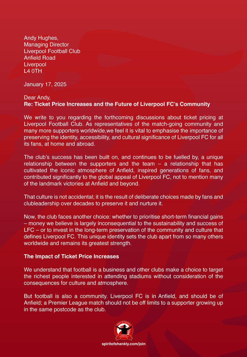spiritofshankly's tweet photo. Representatives of 🆘, @SpionKop1906, @LFCWSC, @culturedlfc and the OLSC network have written to @LFC ahead of discussions around ticket pricing. 

#LFC #StopExploitingLoyalty https://t.co/4YqbY5uESI