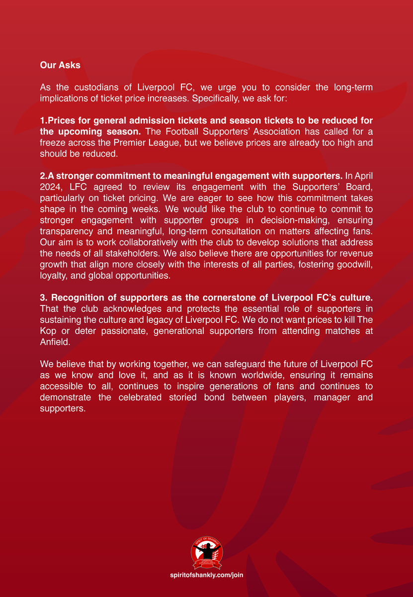 spiritofshankly's tweet photo. Representatives of 🆘, @SpionKop1906, @LFCWSC, @culturedlfc and the OLSC network have written to @LFC ahead of discussions around ticket pricing. 

#LFC #StopExploitingLoyalty https://t.co/4YqbY5uESI