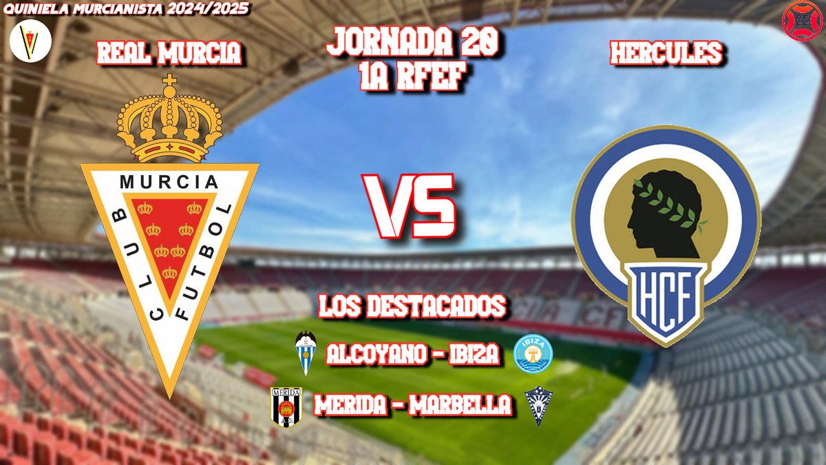 ⚽️ JORNADA 20⚽️

¡Llegó el partido de la temporada! ¡Recibimos al <a href="/cfhercules/">Hércules CF 💙🤍💯</a> en un clasicazo del fútbol español!
¡Con todo, Murcia!

Para participar:

1️⃣ Dadle al RT 🔁
2️⃣ Dejad vuestros resultados y un goleador del Murcia 💬
3️⃣ Citad a un amig@ 👥

🥩 Gracias a <a href="/comprarjamonero/">Inmaculada Garrido</a>