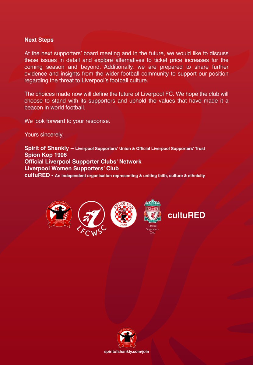 Representatives of 🆘, <a href="/SpionKop1906/">Spion Kop 1906</a>, <a href="/LFCWSC/">Liverpool FC Women Supporters Club</a>, <a href="/culturedlfc/">Cultured LFC</a> and the OLSC network have written to <a href="/LFC/">Liverpool FC</a> ahead of discussions around ticket pricing. 

#LFC #StopExploitingLoyalty
