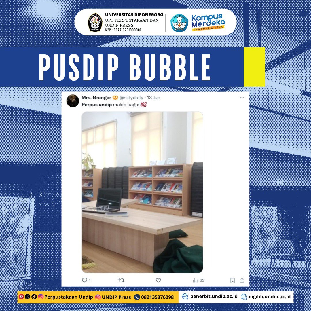 perpus_undip's tweet photo. Perpustakaan UNDIP makin kece! 😍⁣
⁣Terima kasih atas apresiasinya, Sobat Literasi! 🏫📚 Mari manfaatkan fasilitas baru kami untuk belajar dan eksplorasi lebih banyak ilmu. Yuk, kunjungi dan rasakan kenyamanan 

@undip #perpusundip #perpustakaan #infokampus https://t.co/WqxTgOMr1V