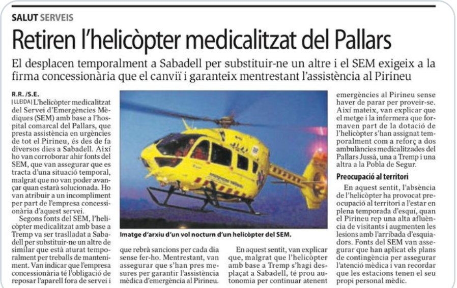 Ens retiren la garantia de ser atesos i traslladats com cal.Per als que vivim en zones allunyades això es vital,una ambulància pot trigar hores en arribar.
Penso que ens hauria de preocupar més això que no pas els rescats a les pistes d'esquí on hi tenen garantit un equip mèdic