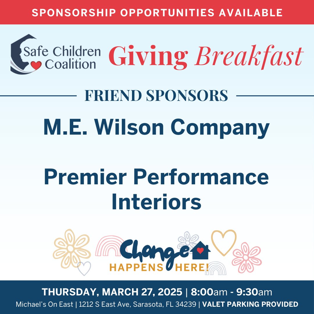 We're so excited for Friend Sponsors M.E. Wilson Company &amp; Premier Performance Interiors, Inc. to join us at the 3rd Annual Giving Breakfast on 3/27/25 honoring community champions. And you can, too. Secure your sponsorship: sccfl.org/giving-breakfa…