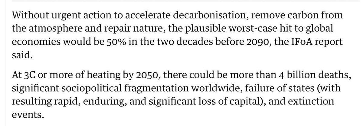 RogerHallamCS21's tweet photo. We are looking at billions of deaths and possible effective extinction this century - that now has to be the main scenario.

"At 3C or more of heating by 2050, there could be more than 4 BILLION DEATHS, significant sociopolitical fragmentation worldwide, failure of states (with resulting rapid, enduring, and significant loss of capital), and extinction events." Guardian.

https://t.co/cvtn67Lvfr