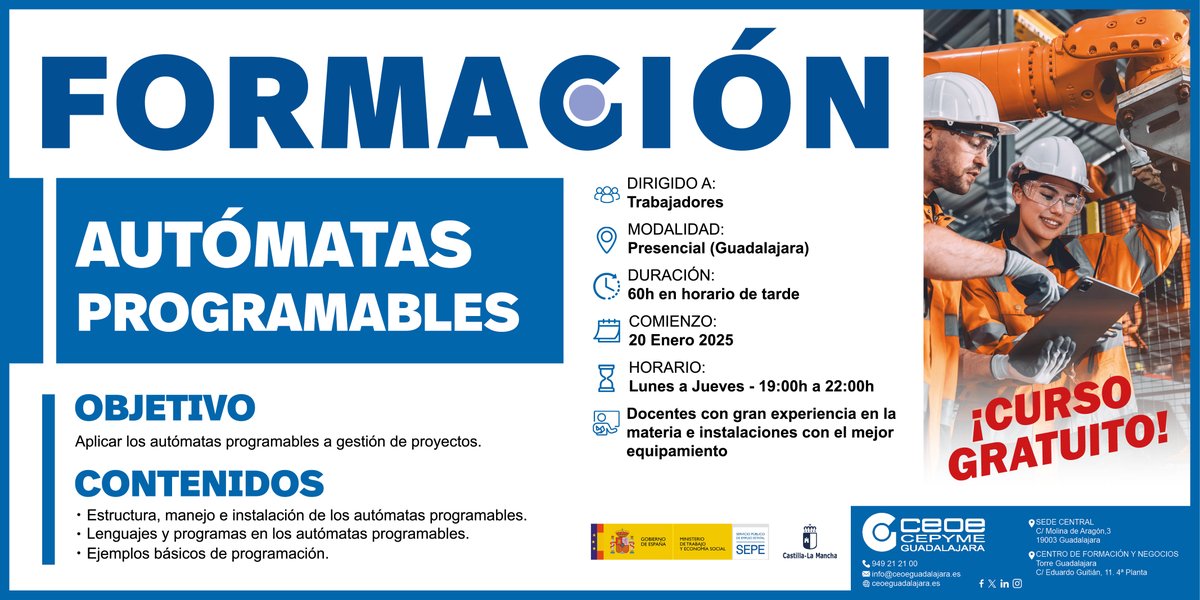 CEOEGuadalajara's tweet image. 📚 ¡CURSO GRATUITO!
Ultimas plazas para el curso de 𝗔𝘂𝘁𝗼́𝗺𝗮𝘁𝗮𝘀 𝗽𝗿𝗼𝗴𝗿𝗮𝗺𝗮𝗯𝗹𝗲𝘀 en gestión de proyectos, que empieza el próximo Lunes 20 de Enero de 2025.

🔗 Inscripciones: lc.cx/QsV8L7
#CursosGratuitos #AutómatasProgramables #CEOEGuadalajara