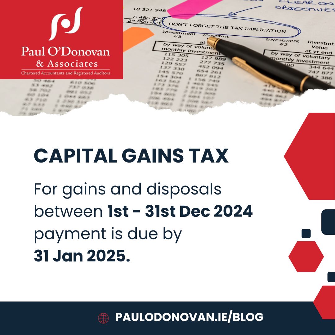 ⏰It's a whole new year but don't forget the Irish Dec 2024 Capital Gains Tax deadline this month.
Gains and disposals from 1 Dec to31 Dec 2024 must be paid by 31 Jan 2025. Missing the deadlines could result in interest and penalties.