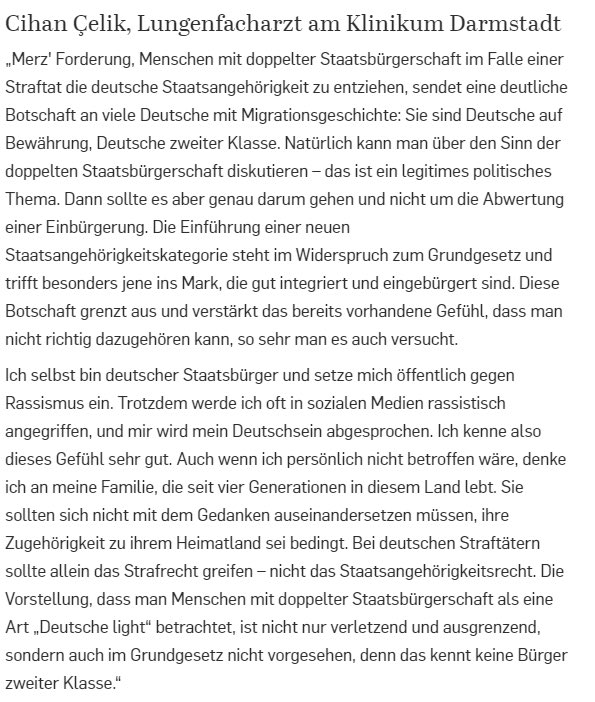 Die Forderung von <a href="/_FriedrichMerz/">Friedrich Merz</a> bedeutet in letzter Konsequenz die Einführung einer neuen Kategorie der Staatsangehörigkeit: „Deutsch auf Bewährung“. Das sendet eine ausgrenzende Botschaft vor allem für  gut integrierte und Eingebürgerte. Mein Statement für „capital“ 1/2