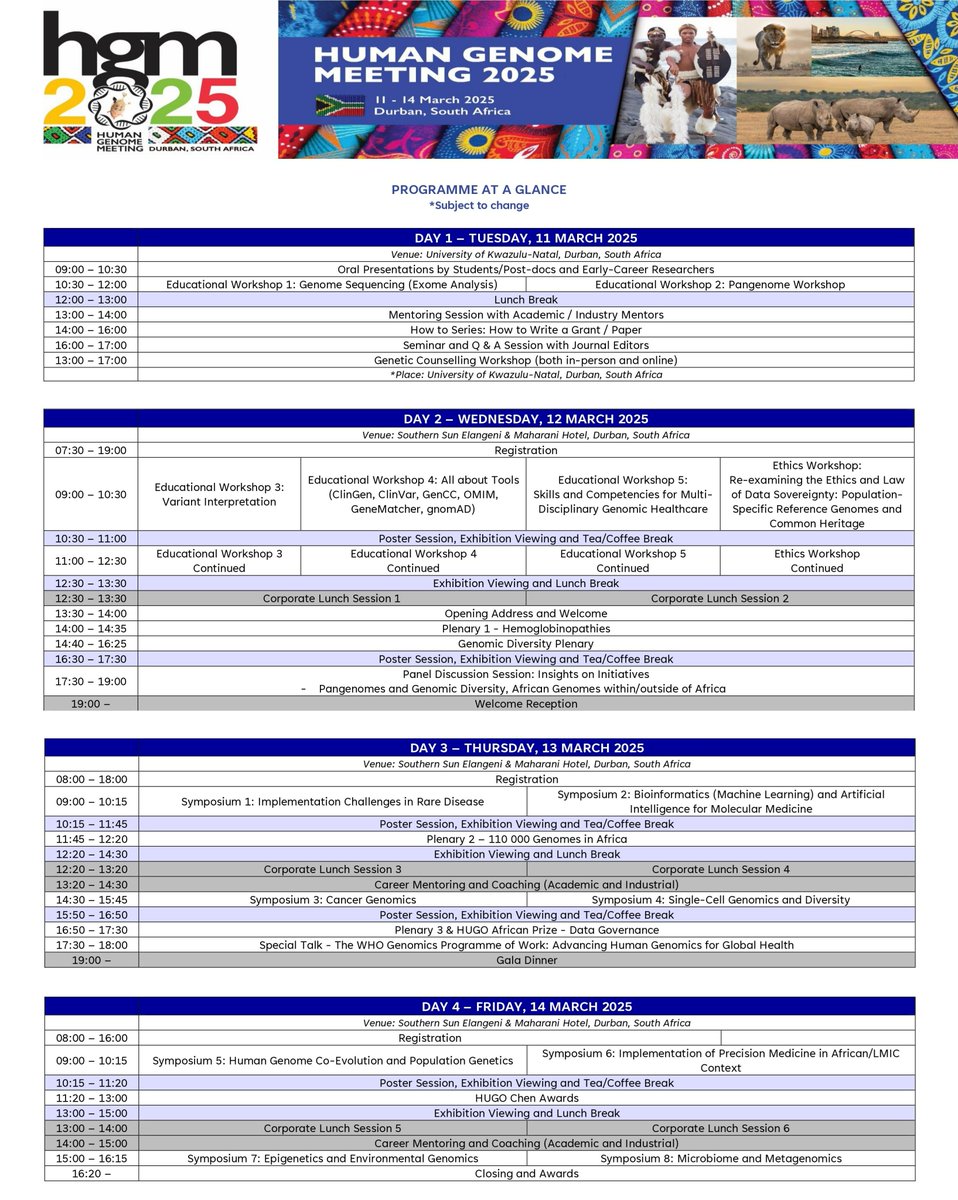 The updated program has been released and is now available on our website. We encourage you to visit our website and explore all the latest details!
Don’t forget to register. See you in Durban!

Register Now: hugo-hgm2025.org/registration/
Submit Abstract: hugo-hgm2025.org/abstract-submi…