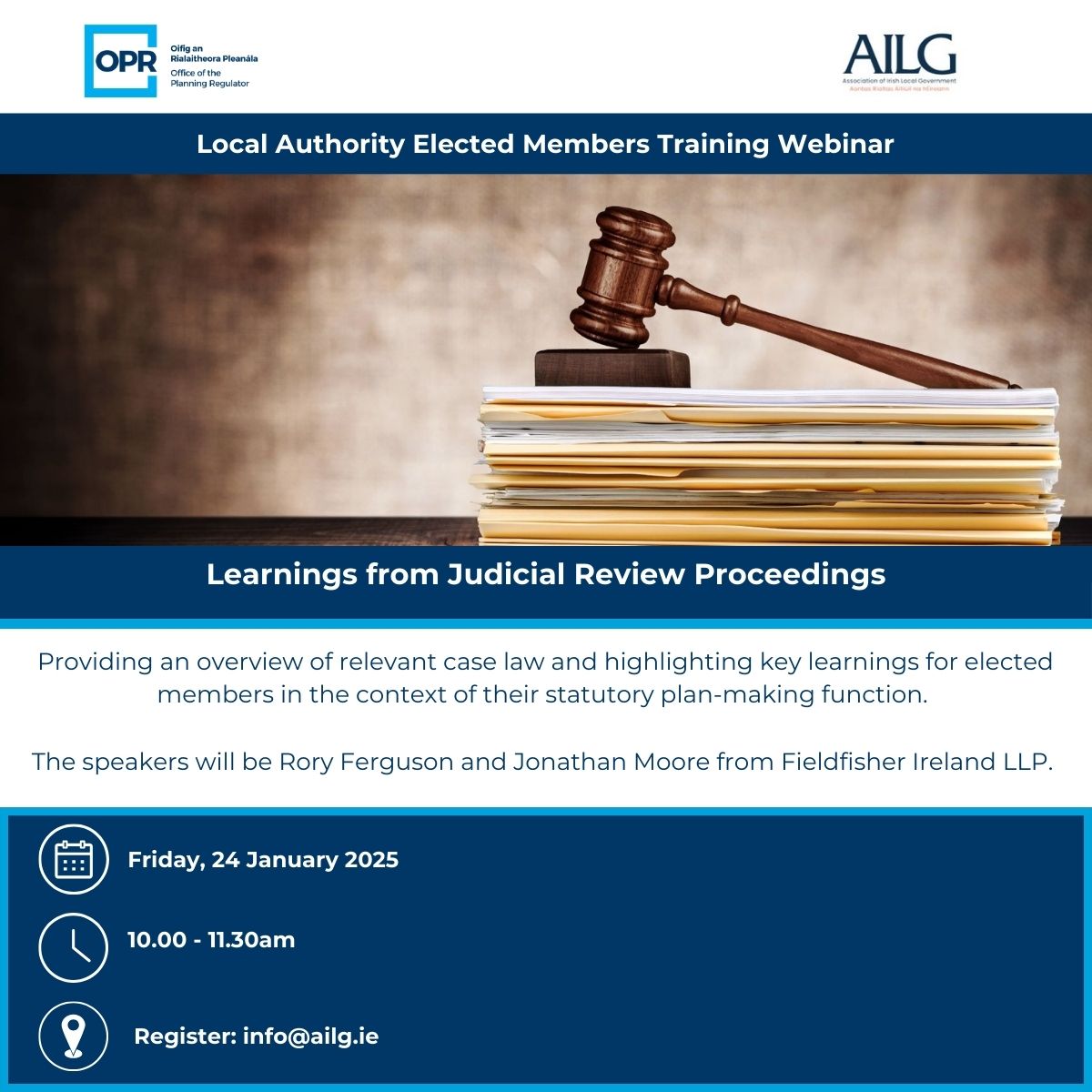 Office of the Planning Regulator (@planningreg) on Twitter photo Elected Members: Last chance to register for the OPR-<a href="/AILGIRE/">AILG</a> webinar, 'Learnings from Judicial Review Proceedings', with speakers from <a href="/FieldfisherIE/">Fieldfisher Ireland LLP</a>, and a Q&A session.
Date: Friday, 24 January
Time: 10AM – 11:30AM
Location: Online
To register: email info@ailg.ie
#OPR Elected Members: Last chance to register for the OPR-<a href="/AILGIRE/">AILG</a> webinar, 'Learnings from Judicial Review Proceedings', with speakers from <a href="/FieldfisherIE/">Fieldfisher Ireland LLP</a>, and a Q&A session.
Date: Friday, 24 January
Time: 10AM – 11:30AM
Location: Online
To register: email info@ailg.ie
#OPR