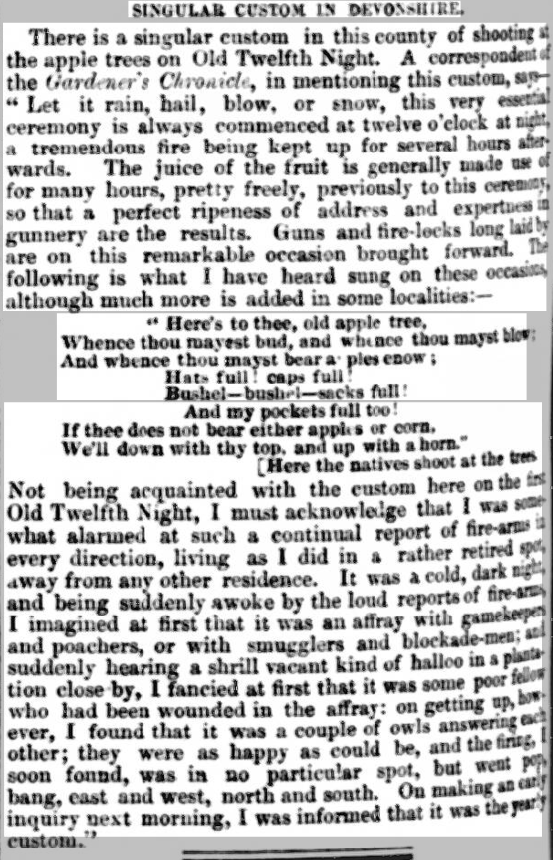 ClerkofOxford's tweet image. Old Twelfth Night could come as a shock if you weren't expecting it. Is that gunfire poachers, smugglers, or just farmers shooting in the apple-orchard at midnight? 🤷

(Devon, 1844)