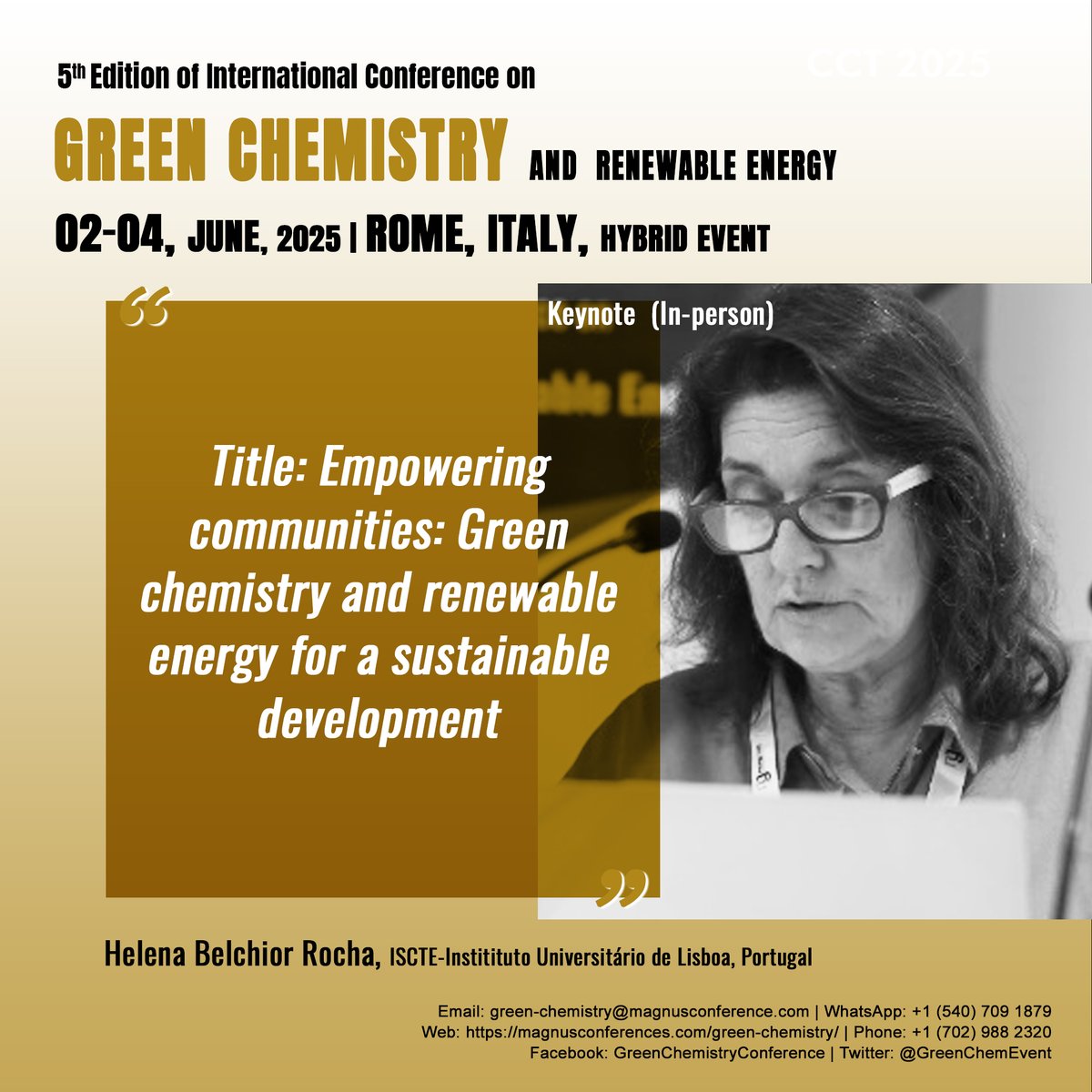 Green Chemistry 2025 (@greenchemevent) on Twitter photo 🌟 Meet #Helena_Belchior_Rocha from <a href="/icsunivlisboa/">Instituto de Ciências Sociais | ULisboa</a>! With her expertise and passion, she's set to bring impactful insights to our committee. Join us at the <a href="/GreenChemEvent/">Green Chemistry 2025</a> by <a href="/magnus_group/">Magnus Group</a>!
Be part of the conversation: magnusconferences.com/green-chemistr…
📅: June 2-4, 2025, Rome 🌟 Meet #Helena_Belchior_Rocha from <a href="/icsunivlisboa/">Instituto de Ciências Sociais | ULisboa</a>! With her expertise and passion, she's set to bring impactful insights to our committee. Join us at the <a href="/GreenChemEvent/">Green Chemistry 2025</a> by <a href="/magnus_group/">Magnus Group</a>!
Be part of the conversation: magnusconferences.com/green-chemistr…
📅: June 2-4, 2025, Rome