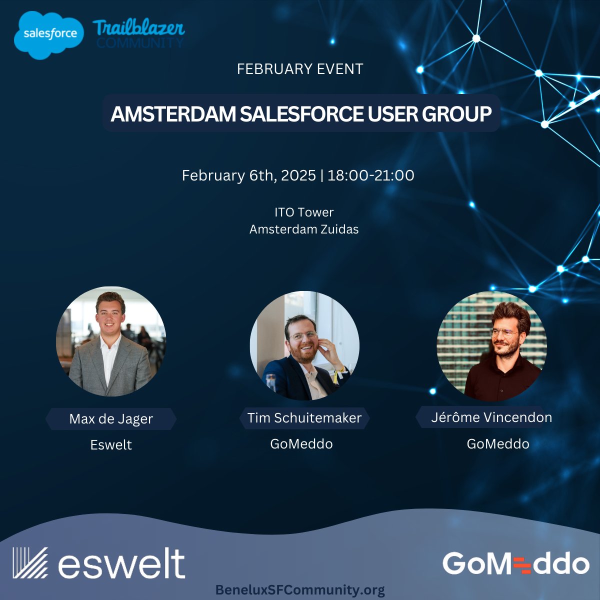 Amsterdam Salesforce User Group February Event!

📅 6 February 2025
⏰ 18:00 - 21:00
📍 ITO Tower, Eswelt-Vibe group
🎟 RSVP here: bit.ly/4g0KPAv

<a href="/AndreKampen/">Andre van Kampen</a> | <a href="/JustynaAnnaK/">JustynaK</a>  | <a href="/SenaBayramm_/">Melina Sena Bayram</a> 

#Salesforce #Amsterdam #Eswelt #GoMeddo #Networking #DutchSFCommunity