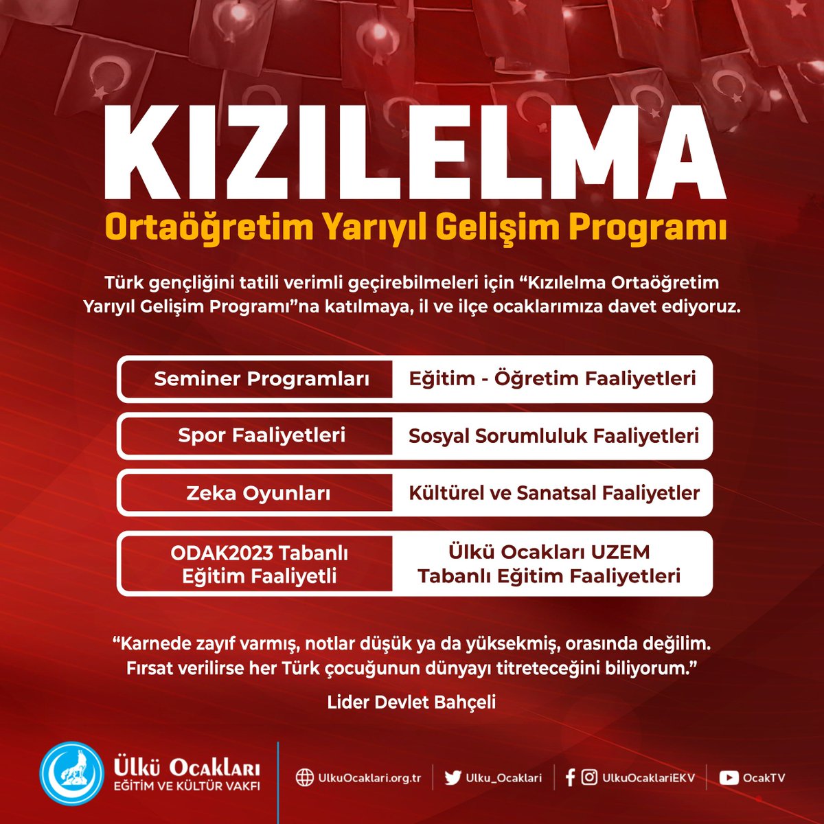 Sevgili Gençler,
Uzun ve yorucu bir dönemi geride bırakarak hak ettiğiniz yarıyıl tatiline ulaştınız. 🔔

Bu tatili bol bol dinlenerek, aileniz ve arkadaşlarınızla keyifli vakit geçirerek değerlendirmenizi dilerim. Kendinize zaman ayırmayı, sevdiğiniz şeylere yönelmeyi ve yeni