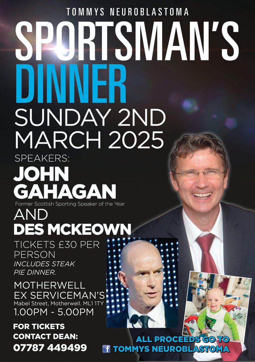 Wee Tommy Paul Quinns Neuroblastoma Fight (@weetommysjrny) on Twitter photo All proceeds to <a href="/WeeTommysJrny/">Wee Tommy Paul Quinns Neuroblastoma Fight</a>
ยฃ30 a head
Steak pie dinner
__#motherwell <a href="/Wee_Oscar/">Oscar Knox Fund</a> <a href="/MotherwellFC/">Motherwell FC</a> John Gahagan Des McKeown 1-5pm good wee say out and potentially help saves a young boys life , All proceeds to <a href="/WeeTommysJrny/">Wee Tommy Paul Quinns Neuroblastoma Fight</a>
ยฃ30 a head
Steak pie dinner
__#motherwell <a href="/Wee_Oscar/">Oscar Knox Fund</a> <a href="/MotherwellFC/">Motherwell FC</a> John Gahagan Des McKeown 1-5pm good wee say out and potentially help saves a young boys life ,