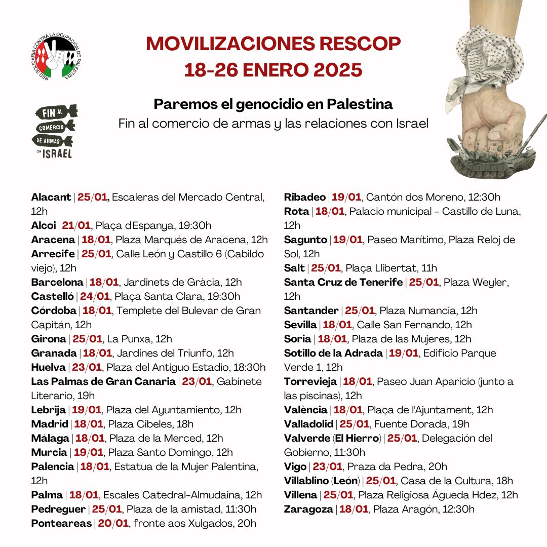 La lucha en defensa del pueblo palestino continúa. No te pierdas las manifestaciones convocadas en todo el Estado.
#ParemosElGenocidio
#StopArmasConIsrael
#PalestinaLibre