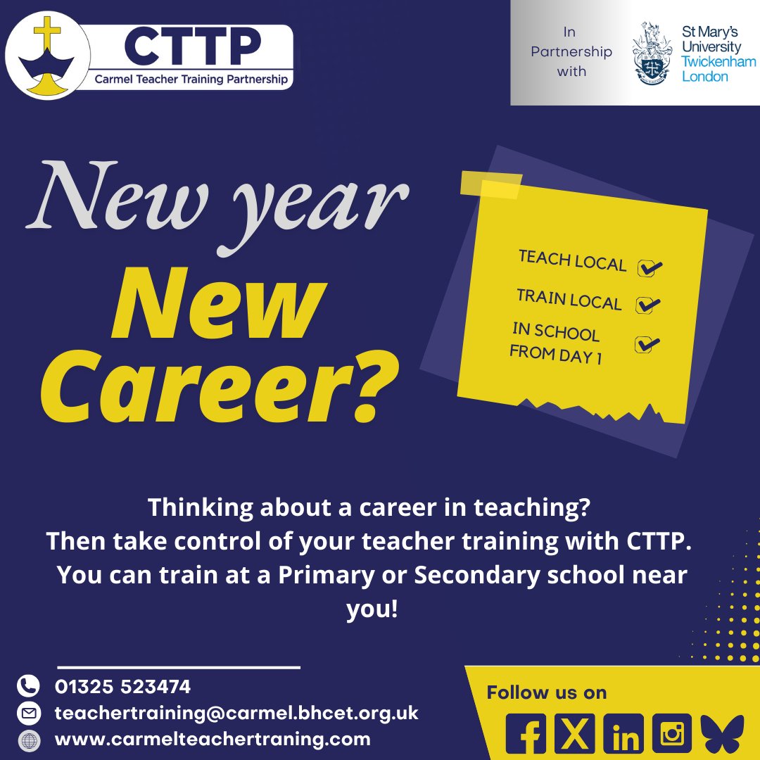 CarmelTTP's tweet photo. New Year... New Career? If you are considering a career in teaching, please follow the link below to find out more information and the benefits of training with the CTTP https://t.co/inFc6I6bM9 https://t.co/yEtKyOt5Xx