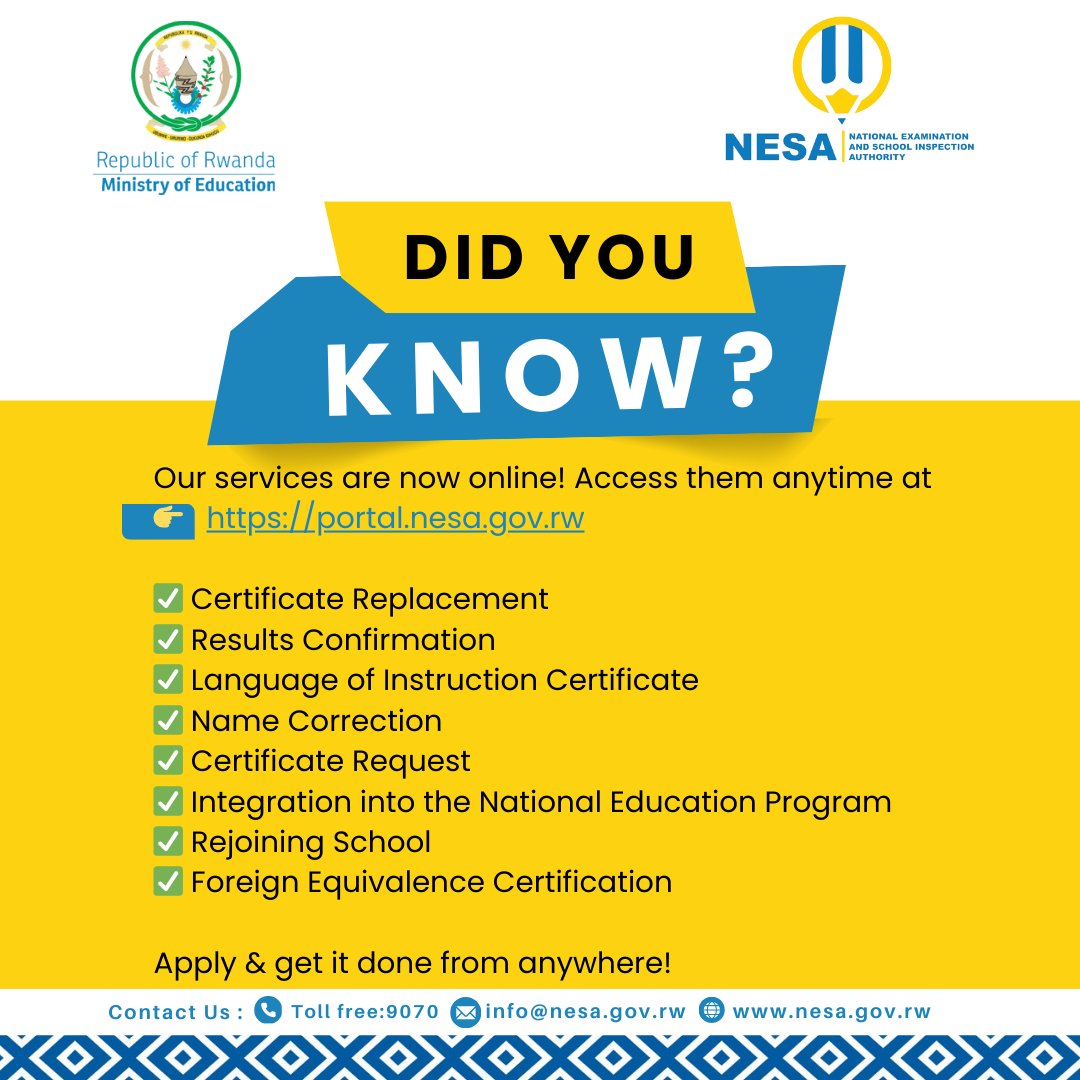 Did you know ? Our services are now online! 
Access them anytime at 👉 portal.nesa.gov.rw