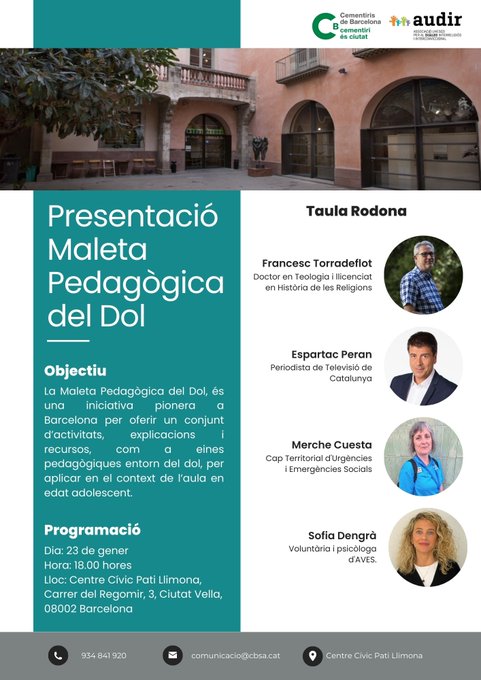 AUDIR (@_audir) on Twitter photo Presentem la Maleta Pedagògica del Dol, amb <a href="/CementirisBCN/">Cementiris de Barcelona</a>
Un material amb recursos i propostes d’activitats al voltant del dol per a l’alumnat adolescent
Taula rodona amb <a href="/EspartacPeran/">Espartac Peran</a>, Merche cuesta, Sofia Dengrà i Francesc Torradeflot
🗓️Dijous 23/01
🕕18 h
📍<a href="/patillimona/">Pati Llimona</a>
🧵 Presentem la Maleta Pedagògica del Dol, amb <a href="/CementirisBCN/">Cementiris de Barcelona</a>
Un material amb recursos i propostes d’activitats al voltant del dol per a l’alumnat adolescent
Taula rodona amb <a href="/EspartacPeran/">Espartac Peran</a>, Merche cuesta, Sofia Dengrà i Francesc Torradeflot
🗓️Dijous 23/01
🕕18 h
📍<a href="/patillimona/">Pati Llimona</a>
🧵