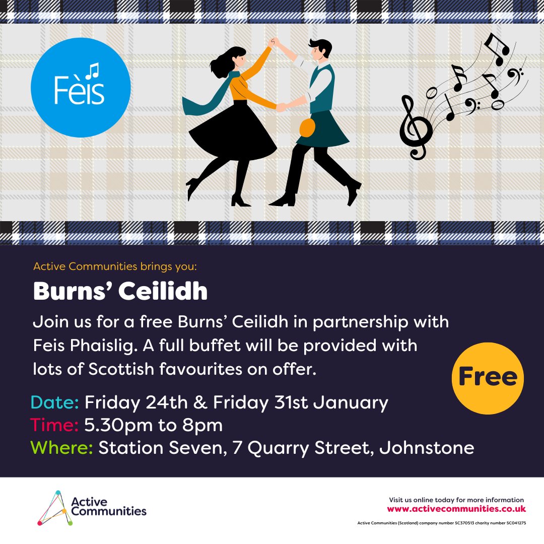 Active Communities (@acommunities) on Twitter photo Join us for a FREE Burnsโ Ceilidh in partnership with <a href="/feisphaislig/">Fรจis Phร islig</a>!
๐
Dates: Friday 24th & 31st January
๐ Time: 5:30pm - 8:00pm
๐ Location: Station Seven, 7 Quarry Street, #Johnstone
โ
Book your space: bookwhen.com/activecommunitโฆ Join us for a FREE Burnsโ Ceilidh in partnership with <a href="/feisphaislig/">Fรจis Phร islig</a>!
๐
Dates: Friday 24th & 31st January
๐ Time: 5:30pm - 8:00pm
๐ Location: Station Seven, 7 Quarry Street, #Johnstone
โ
Book your space: bookwhen.com/activecommunitโฆ