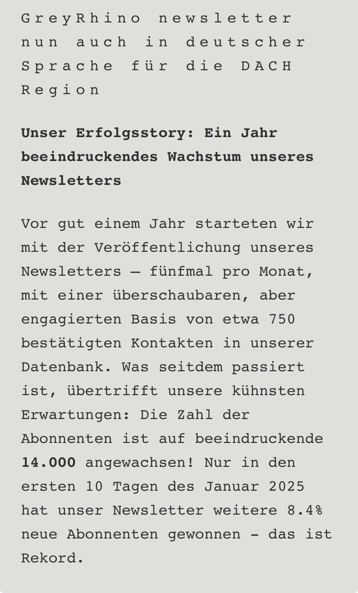 imb_solutions's tweet photo. Ab heute gibt es den #GreyRhinoNewsletter auch in #deutscher Sprache. Das Interesse an neuen Märkten, #BusinessDevelopment, #Reorganisation, #PostMerger, #Brasilien, #Mexico, #LatinAmerica hatte in 2024 massiv zugenommen. Abo Link: https://t.co/CoKsM1Utci https://t.co/3laxowuvll