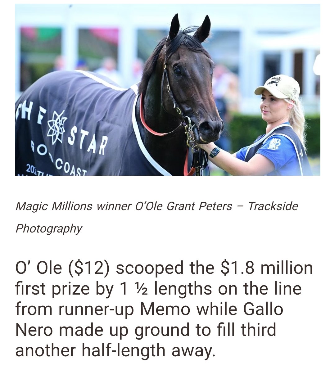 tajraasi's tweet photo. Stars align for O' Ole's emotion-charged Magic Millions triumph.
โIt was all over at the 200 (metres) and itโs just an amazing result. Fanboys will be pleased to know Gallo Nero x Wooten Bassett finished 3rd placed, tipped to win by many. #racenet https://t.co/WuD0s3gLMF