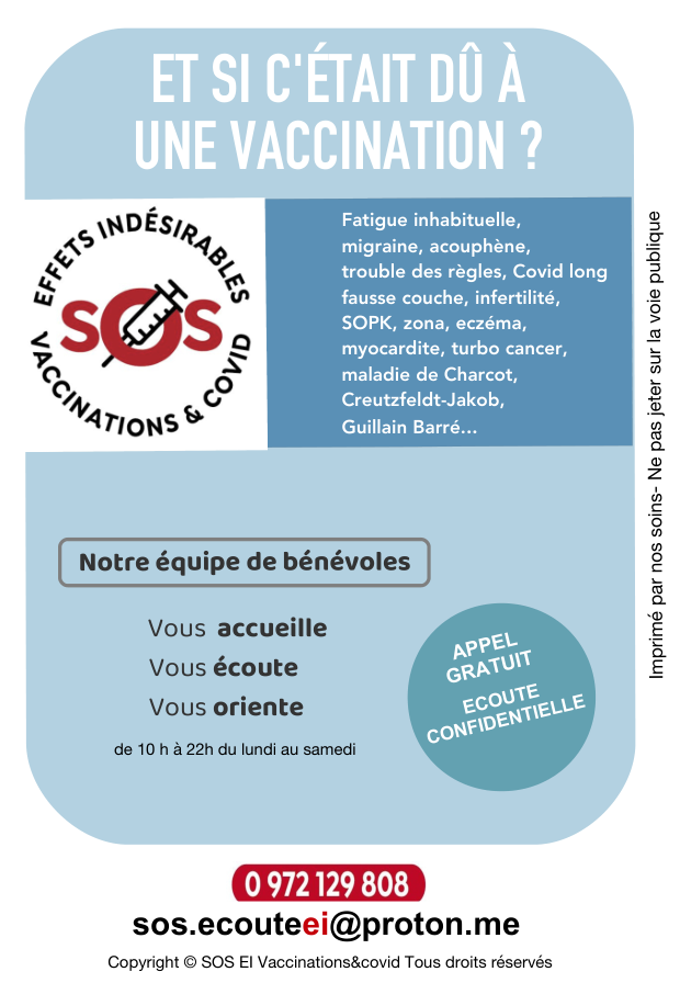 ConseilCsi's tweet photo. Lancement de la plateforme "SOS Effets indésirables Vaccinations et Covid longs"
Du lundi au samedi de 10h à 22h, des bénévoles formés, accueillent, écoutent en toute confidentialité et bienveillance et orientent selon les besoins vers des associations.
sos.ecouteei@proton.me https://t.co/ruTbzSlRfb