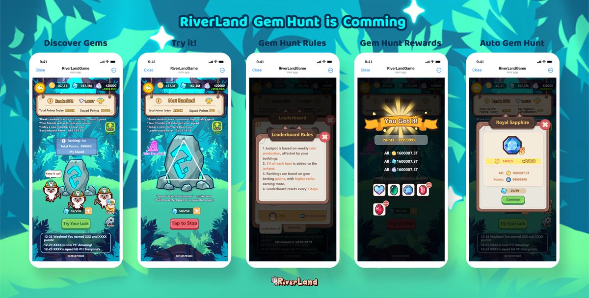 RiverLand_Game's tweet photo. 📣 #RiverLand January 17 Update, 2025 ⏰

🔥 Gem Hunt is Here!

✅ Unlock: Available after unlocking the 6th plot in Farm 1.

⏰ Duration: 7 days/round

💎 Cost: 28 Diamonds per Gem Hunt.

🤑 Rewards: Get gems like Pearls, Rubies, Pigeon’s Blood, and even the Heart of the Ocean! You’ll also win random rewards like Coins, Drool Coins, and Diamonds.

💰 Bonus: The top 50 players at the end of the event will share extra rewards from the prize pool. https://t.co/FOrCngdEni