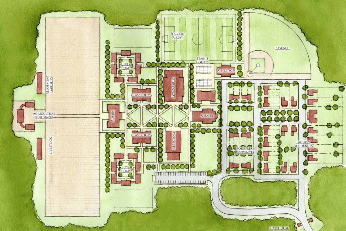 ErikBootsma's tweet image. Our design for a master plan for a new classical boarding school in New England.

The school would begin with a multipurpose admin, classroom and dorm building, which over time would be replaced by new dorms, classroom buildings and a chapel.

bootsmadesign.com/projects/educa…