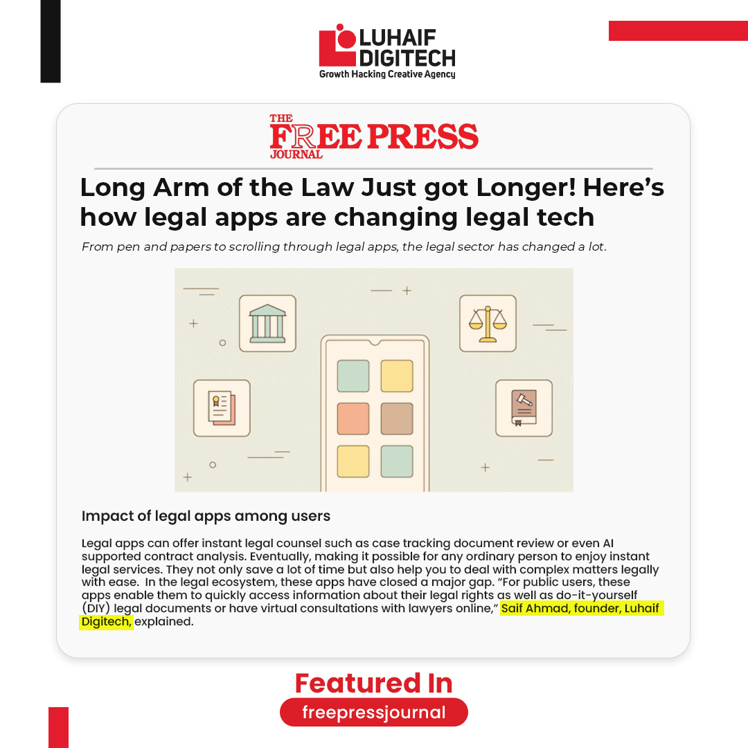LuhaifD's tweet photo. We’re thrilled to announce that our CEO, Saif Ahmed Khan, Founder of Luhaif Digitech, has been featured in Free Press! The article discusses the topic, “The Long Arm of the Law Just Got Longer!”, highlighting how legal apps are transforming the legal technology landscape. https://t.co/Nyvp3N5kxs