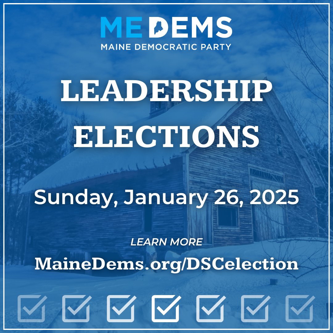 Leadership elections for MDP Chair, Vice Chair, Secretary, Treasurer, and more are happening soon! 

🚨 TODAY, JANUARY 17 at 5 PM is the deadline to declare your candidacy so that your name appears on the ballot for the January 26 election. More info: MaineDems.org/DSCelection