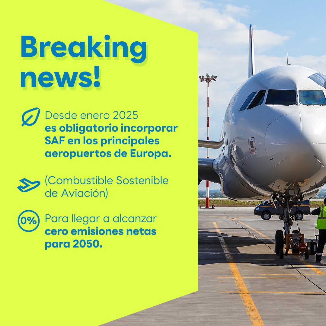 MoeveGlobal's tweet photo. Quizá no sabías que… 💭

2025 ha llegado con una nueva normativa que ayudará a impulsar la descarbonización de la aviación. ✈️ Es obligatorio incorporar #SAF en los principales aeropuertos europeos.

¡Desliza y te lo contamos! ➡️

🔗 Más info: https://t.co/9KFP3tAsEQ https://t.co/MdfDlQdmhm