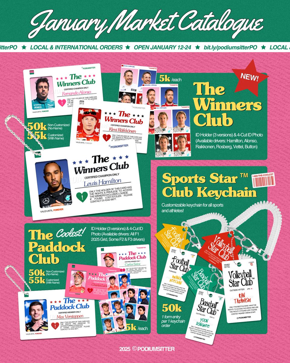 podiumsitter's tweet photo. [ JANUARY MARKET OPEN! ]

🛍️ Catalogue: 
🏎️ NEW! THE WINNERS CLUB COLLECTION 
🏁 THE PADDOCK CLUB COLLECTION 
⭐️ SPORTS STAR CLUB ™ KEYCHAIN 

💙 fully customizable merch! 🍀💫

⌚️ January 12 - 24 (23.59 WIB)

🛒 SHOP NOW!
https://t.co/9XxYPqVrP6 https://t.co/aLVKiNXhz6