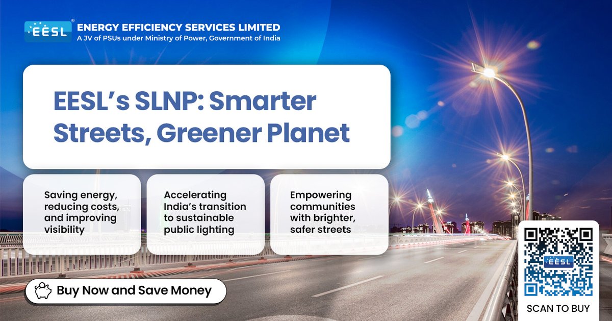 EESL_India's tweet photo. Indian streets are transforming with EESL's energy-efficient street lights under the #SLNP initiative. This shift has significantly reduced greenhouse gas emissions while municipalities save substantial amounts of money. @CEO_EESL https://t.co/u95jI6cFeR