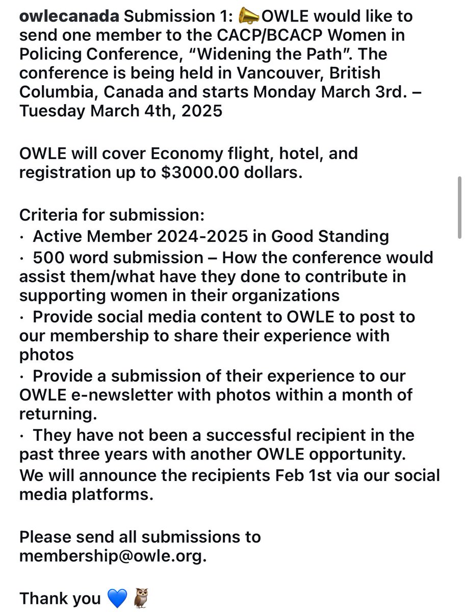 📣 OWLE is sending one member to the CACP/BCACP conference being hosted in Vancouver, British Columbia. Please read below for more details: