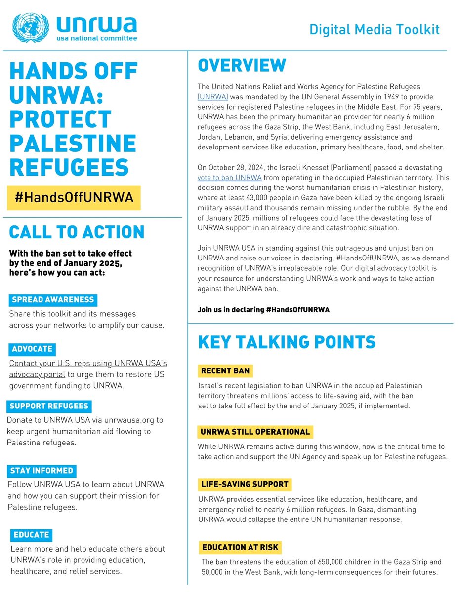 Saniiii21's tweet photo. Israel is banning UNRWA in Palestine. Posing a THREAT to much needed supplies, safety and education of the Palestinians!

Please, for the sake of humanity, use this hashtag #HandsOffUNRWA as much as possible and take a moment to read this flyer issued by UNRWA itself. Thank you. https://t.co/ve6leGWoBf