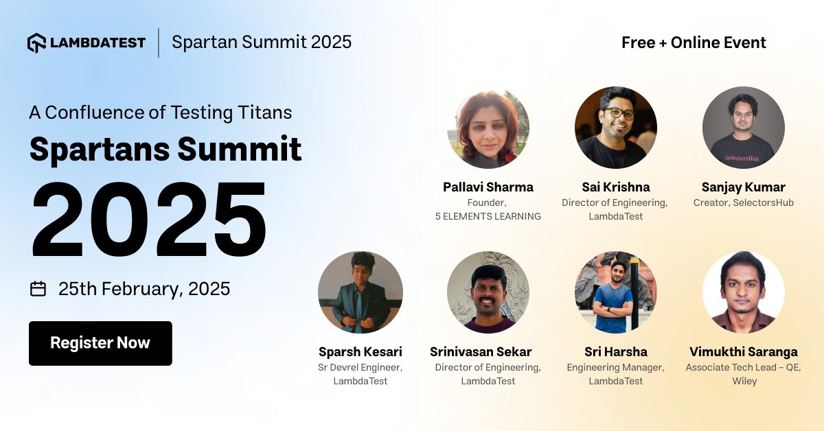 testmuai's tweet photo. Get ready to meet the most insightful lineup at #SpartansSummit 2025 🔗 https://t.co/ApiWAUxi3U

➡️ @musepallavi, Founder, 5 ELEMENTS LEARNING
➡️ @saikrisv, Director of Engineering, LambdaTest
➡️ @SanjayKumaarr, Creator, @SelectorsHub
➡️ @sparsh_kesari_, Senior Dev-Rel, LambdaTest
➡️ @srinivasanskr, Director of Engineering, LambdaTest
➡️ Sri Harsha, Engineering Manager (OSPO), LambdaTest
➡️ Vimukthi Saranga, Associate Tech Lead - QE, @WileyGlobal

And this is just the beginning! More incredible speakers to be announced soon.

#LambdaTestYourApps #SoftwareTesting #Conference #Tech #Community #QualityAssurance #QE