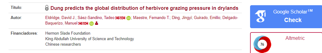 Artículo publicado <a href="/IRNAS_CSIC/">IRNAS Sevilla</a>  <a href="/UA_Universidad/">Universidad de Alicante UA</a> <a href="/BioFunLab/">BioFunLab</a> 
Título:  Dung predicts the global distribution of herbivore grazing pressure in drylands
Autor:  Eldridge, David J. et al...
hdl.handle.net/10261/376789