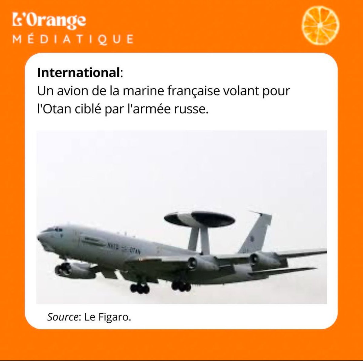 lorangemediati's tweet photo. 100% pur jus d’infos!🟠
L'aéronef effectuait un vol de surveillance dans le cadre d'un déploiement de l'Alliance en réaction aux dégradations de câbles sous-marins au-dessus de la mer Baltique.
Source: Le Figaro.
#otan #avioncible #russie #merbaltique #info #actualite https://t.co/YQoaehykxF