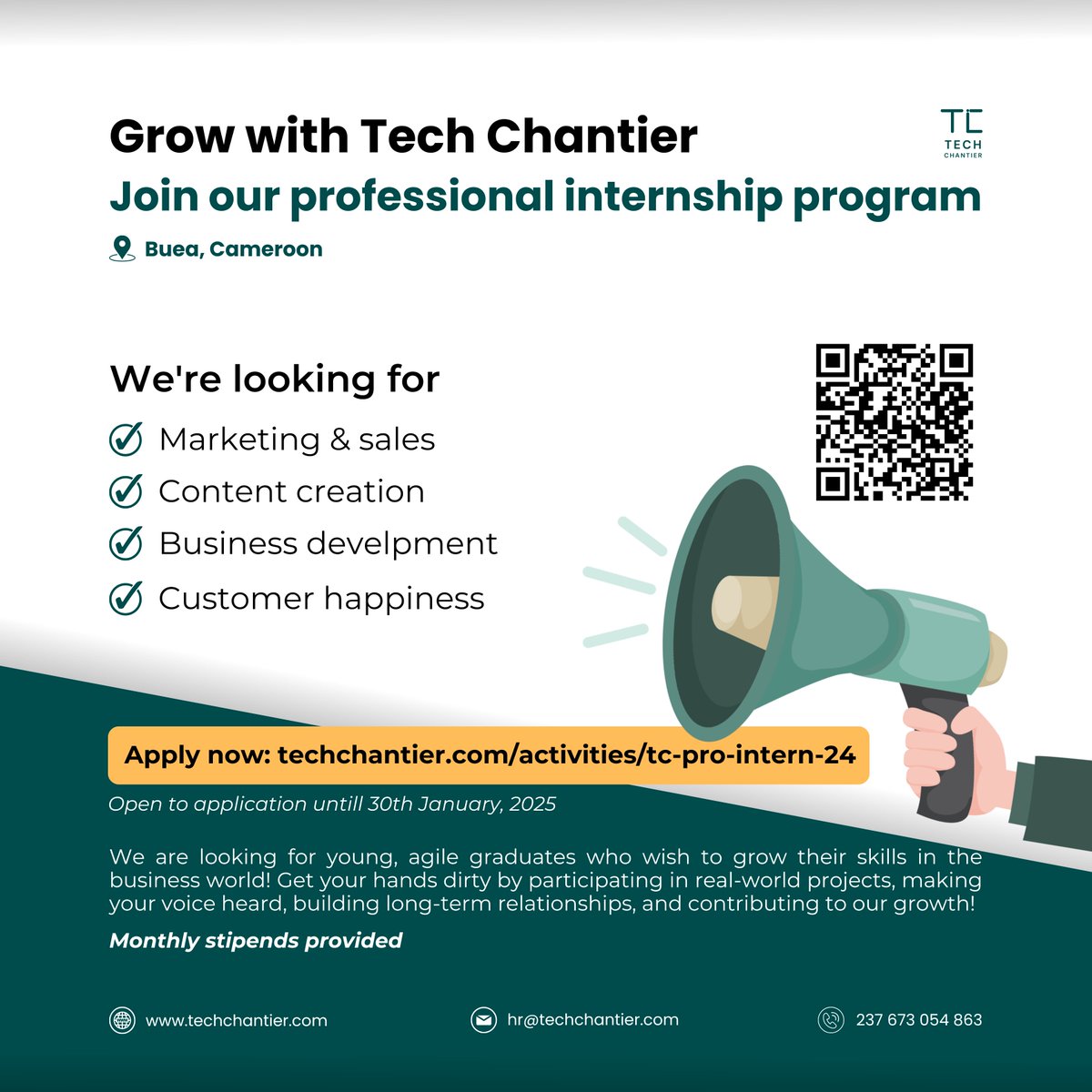 TechChantier's tweet image. Grow with Tech Chantier:
Join our professional internship program in Buea.
Gain real-world experience in marketing, sales, content creation, business dev, and customer happiness… while building a strong network in the industry.
Apply now: techchantier.com/activities/tc-…