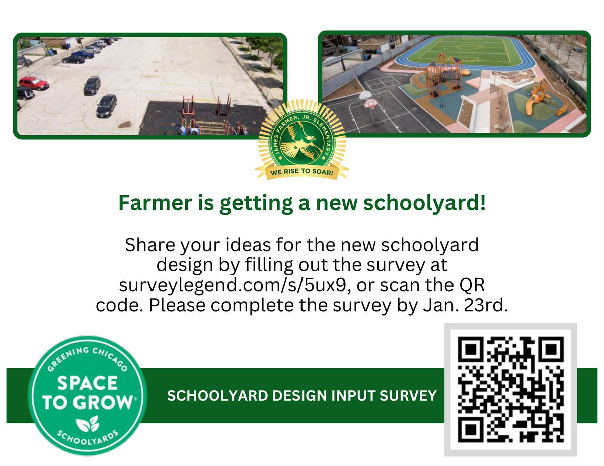 Farmer is getting a new schoolyard. We would love to have input from our families and community. Scan the QR code and share your thoughts. #werise2soar