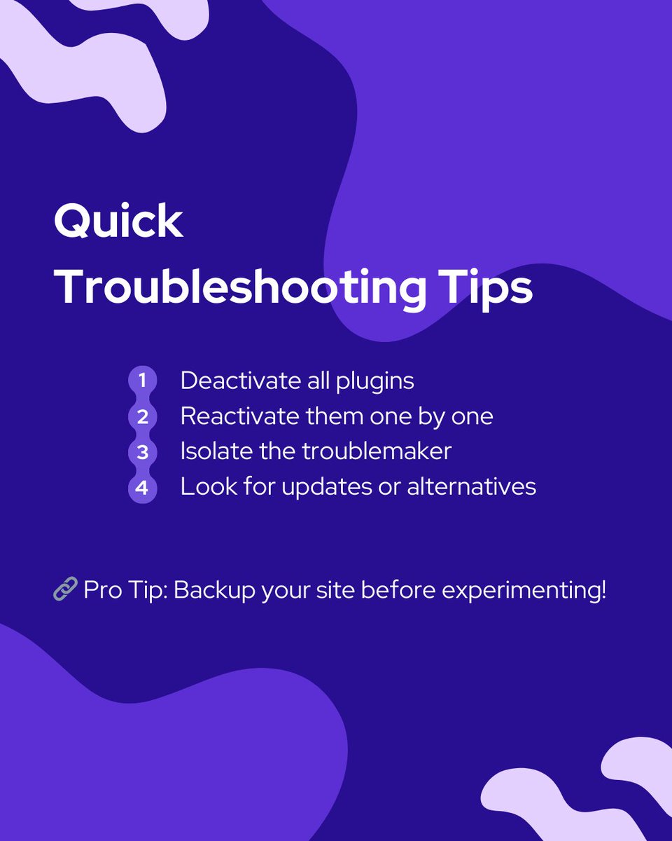 Is your WordPress site acting up? It might be a plugin conflict! Don’t worry—here's a quick guide to help you spot the signs and troubleshoot like a pro. 

💡 Read more: bit.ly/wordpress-plug…