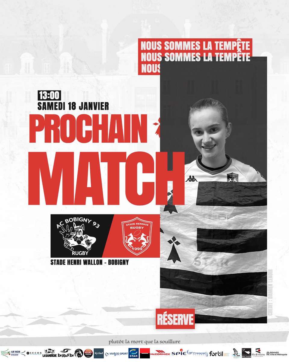 Réserve : AC Bobigny 93 x Stade Rennais Rugby⛈️

Premier déplacement de l’année, direction la région parisienne pour notre équipe réserve. ❤️🖤

🗓️ Samedi 18 Janvier 
🏟️ Stade Henri Wallon
⏰ Coup d’envoi 13h