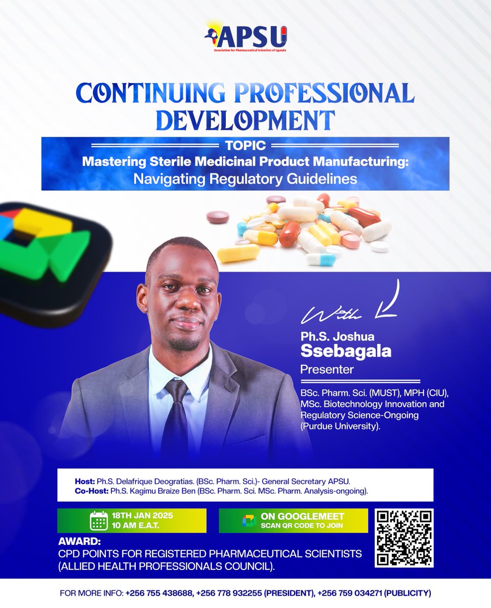 📌: Warm greetings esteemed Ph.S!💊

We are thrilled to announce our first CPD for the year 2025, happening this Saturday; January 18, 2025 at 10 AM EAT on Google Meet!
Link: meet.google.com/rsr-xvsk-sam

Join in for a purposeful profession in Pharmaceutical Sciences.

At the core!💊