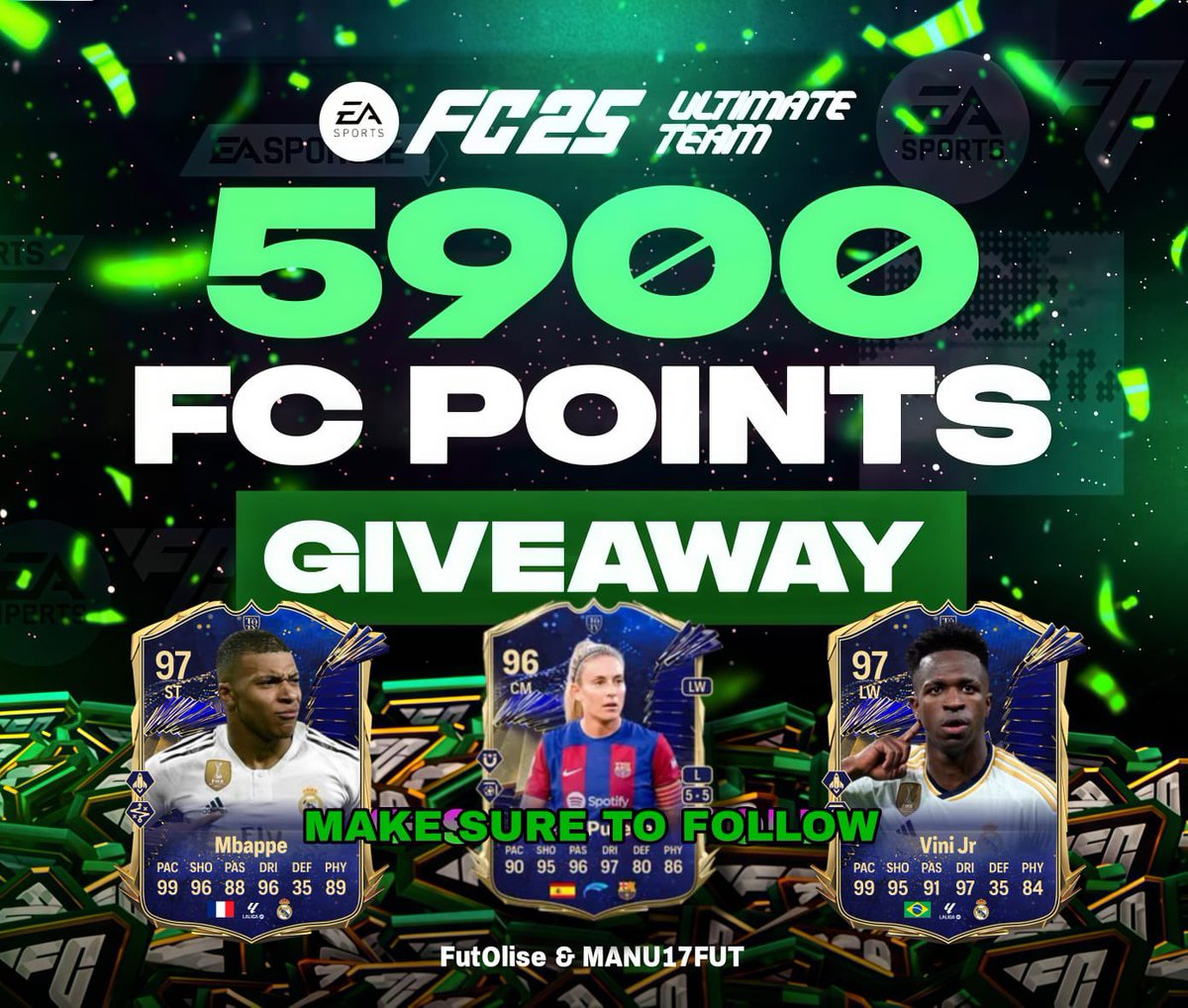 FutOlise's tweet image. 🚨 BIG TOTY GIVEAWAY 🚨

As TOTY approaches and everyone’s ready to open their packs, I’m giving away 5,900 FIFA Points to one lucky winner! 🎉

How to enter:
Like this tweet ❤️ 
Follow me &amp;amp; @MANU17FUT ✅ 
Retweet 🔁

⏳ Winner will be announced this week!

#Giveaway #EAFC25 #FC