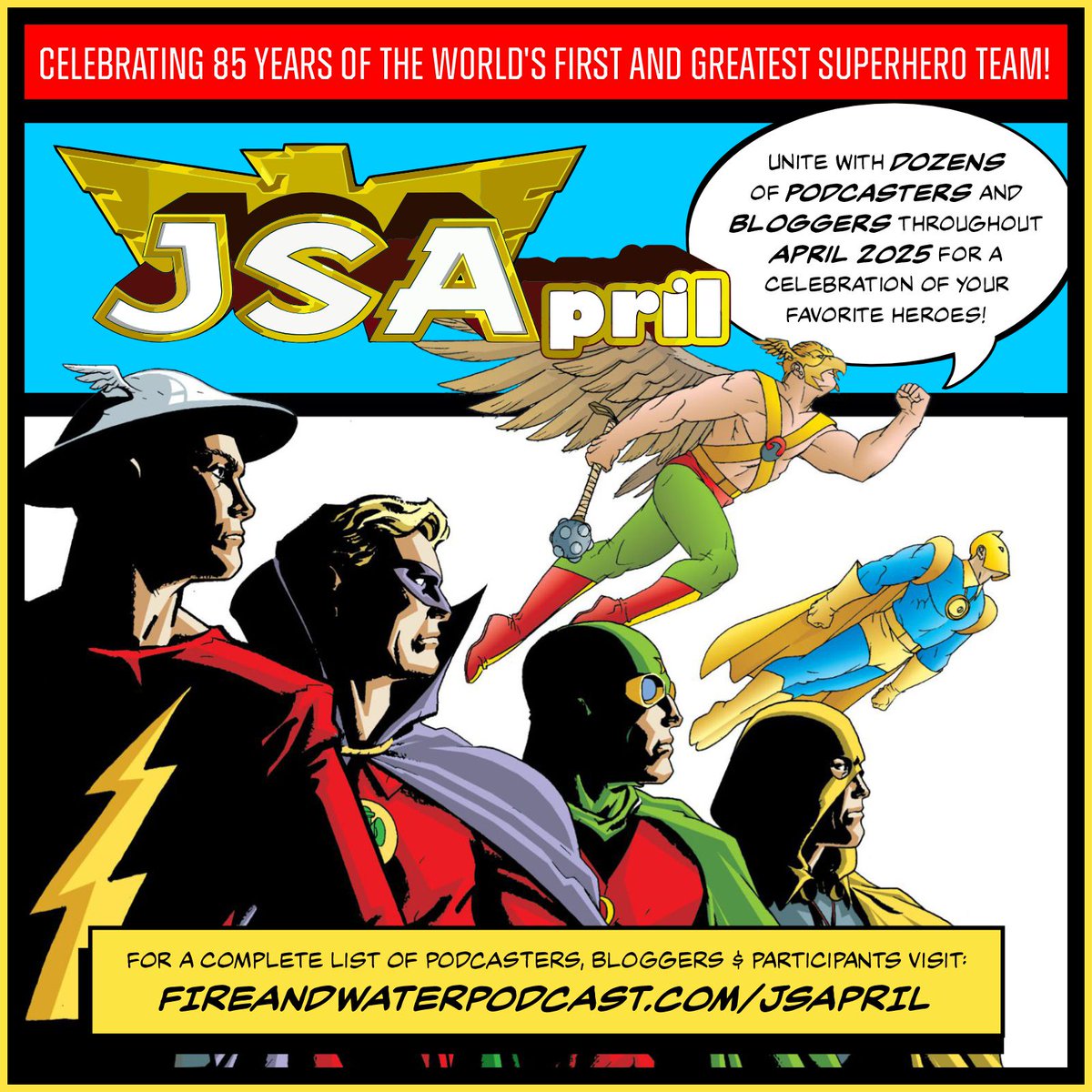 jsapresents's tweet photo. Coming soon... #JSApril - Celebrating 85 years of the Justice Society of America, the world's first &amp; greatest superhero team! Join dozens of podcasters &amp; bloggers during April 2025 as we honor our favorite heroes! Go here for info and participants: 
https://t.co/NL9bRfG73U https://t.co/8jBJPx1rQf