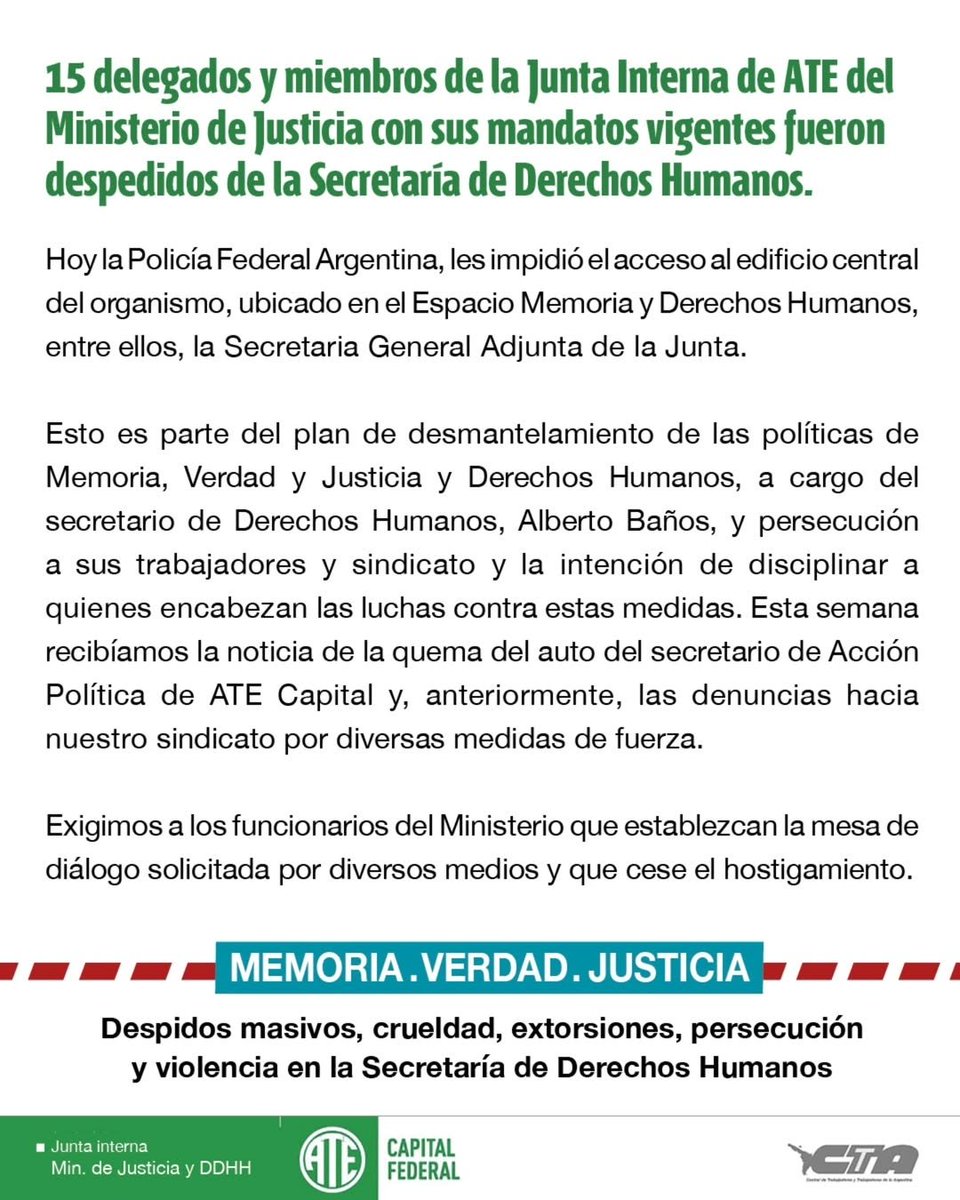 CtaCiudad's tweet photo. Despedir a 15 delegadas y delegados implica un grave ataque a las y los trabajadores que ya vienen sufriendo en función del ataque a la memoria, la verdad y la justicia con despidos y el intento de cierre de los espacios de memoria. Nuestra solidaridad con @ateddhhnacion https://t.co/8xiK9iBR4r