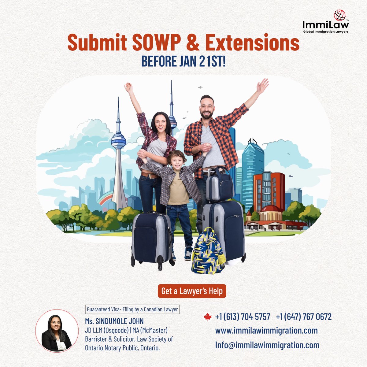 ImmilawCanada's tweet image. 📢 Submit Your SOWP &amp;amp; Extensions Before January 21st!

💼 Get a Lawyer’s Help for a Stress-Free Process

📞 Contact Us Today:
+1 (613) 704-5757 | +1 (647) 767-0672

#CanadaImmigration #SOWP #VisaExtensions #ImmigrationLawyer #LegalHelp #SpousalWorkPermit #VisaFiling