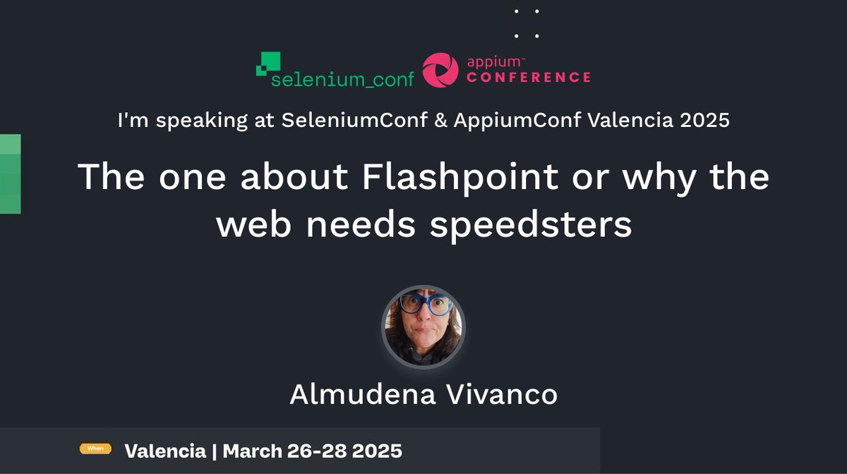 MrsDaehin's tweet photo. Let's go!!!! My second Keynote will be in the @seleniumconf  europe event held in Valencia this year!  If you want a discount of 10% use the following code: Almudena-speaker  #seleniumconf https://t.co/Lio5C0SqZE