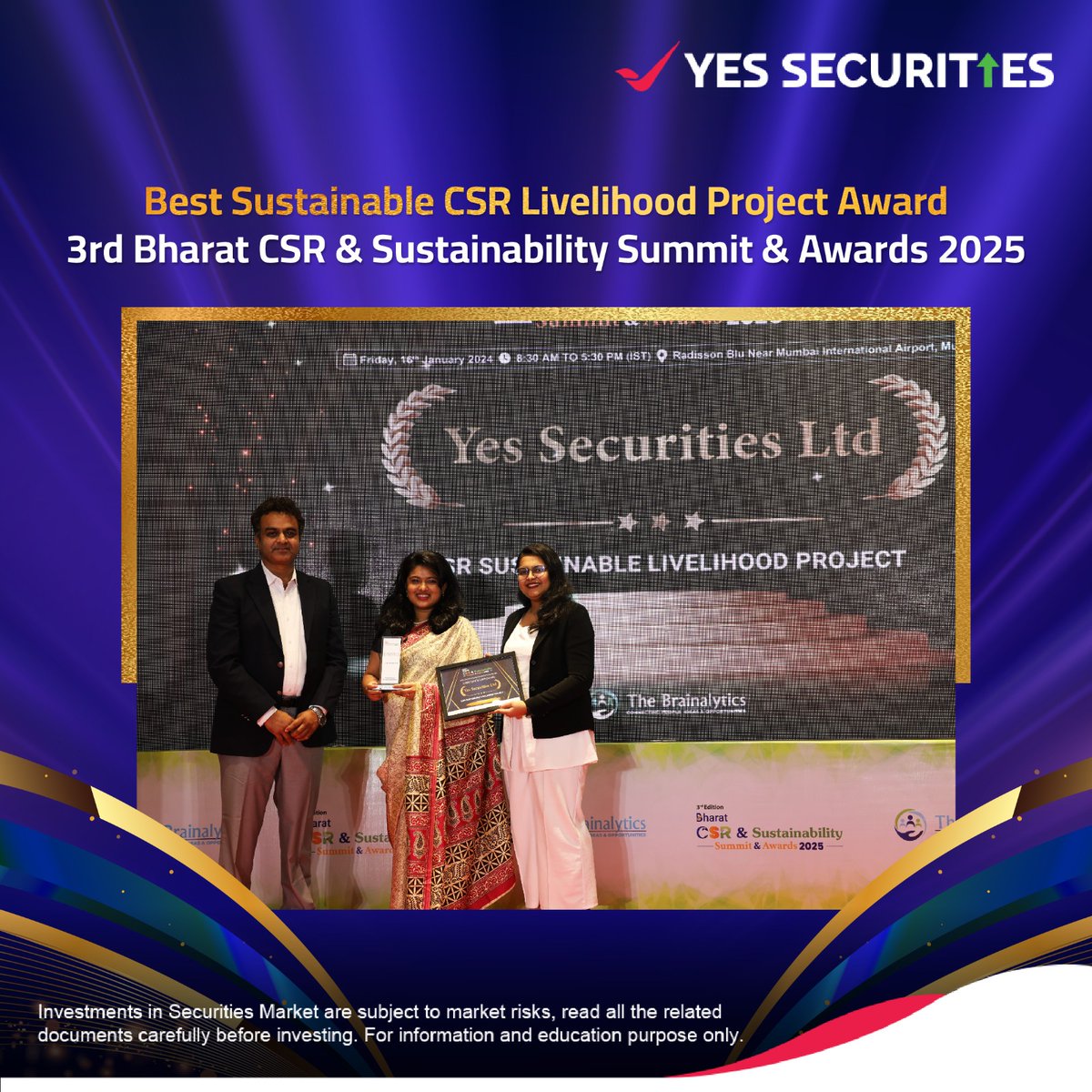 yessecurities's tweet photo. We are thrilled to announce that our CSR initiative has been recognized with the Best Sustainable CSR Livelihood Project award at the 3rd Bharat CSR and Sustainability Summit & Awards 2025! 🏆

This project was initiated with our implementation partner YES FOUNDATION. It aims to empowers 800 farmers across 8 villages in Barwani, Madhya Pradesh, by promoting high-value crop cultivation to double their income. Additionally, a women-led pulses unit, driven by local SHGs, is fostering economic independence and community growth. 🌾✨

This honor fuels our commitment to sustainable development and rural empowerment. 💚

Disclaimer: https://t.co/kZOA4sBpLz

#YESSECURITIES #ChoiceoftheWize #CSRExcellence #Sustainability #CommunityEmpowerment #BharatCSR #LivelihoodTransformation