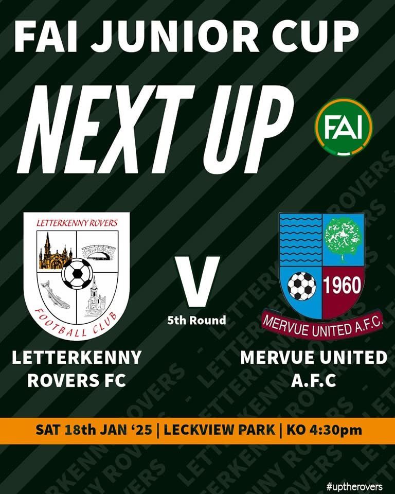 ⚪️⚫️NEXT UP⚪️⚫️
Our Seniors host Mervue United in the fifth round of the FAI Junior Cup⚽️
Saturday 18th of January 
⏰️Kickoff 4:30pm
📍Leckview Park 
All support welcome